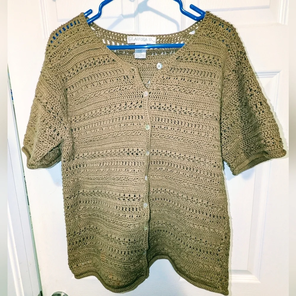 Vintage Claudia D Olive Crochet Cardigan Ramie Cotton Knit Top Large